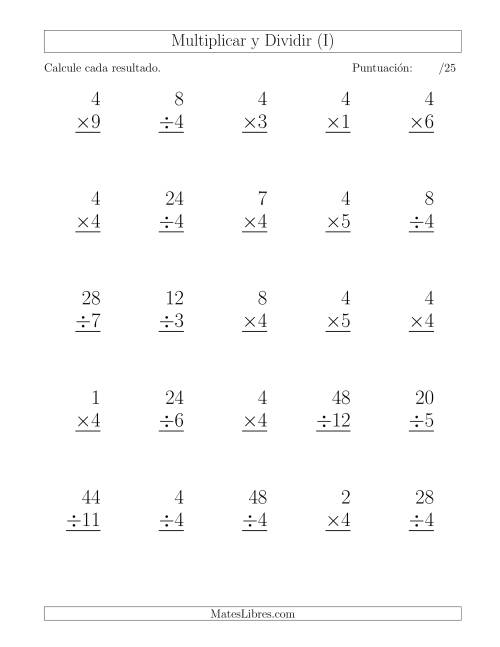 La hoja de ejercicios de Multiplicar y Dividir por 4, Formato Grande, 25 Ejercicios por Página (I)