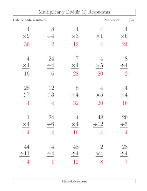 La hoja de ejercicios de Multiplicar y Dividir por 4, Formato Grande, 25 Ejercicios por Página (I) Página 2