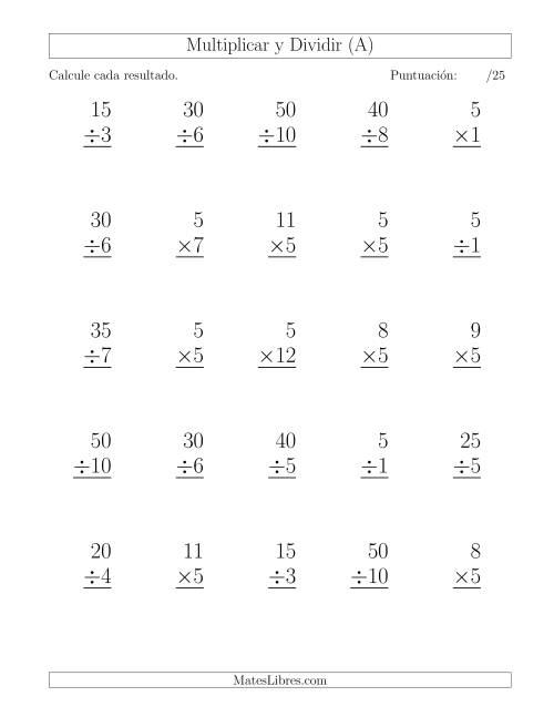 La hoja de ejercicios de Multiplicar y Dividir por 5, Formato Grande, 25 Ejercicios por Página (A)