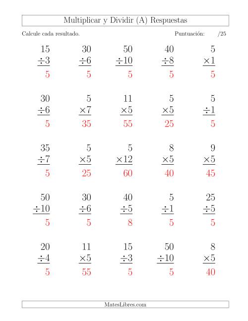 La hoja de ejercicios de Multiplicar y Dividir por 5, Formato Grande, 25 Ejercicios por Página (A) Página 2