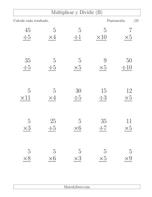 La hoja de ejercicios de Multiplicar y Dividir por 5, Formato Grande, 25 Ejercicios por Página (B)