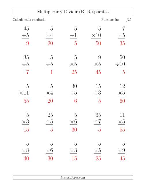 La hoja de ejercicios de Multiplicar y Dividir por 5, Formato Grande, 25 Ejercicios por Página (B) Página 2