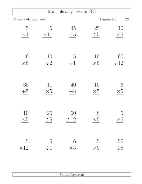 La hoja de ejercicios de Multiplicar y Dividir por 5, Formato Grande, 25 Ejercicios por Página (C)