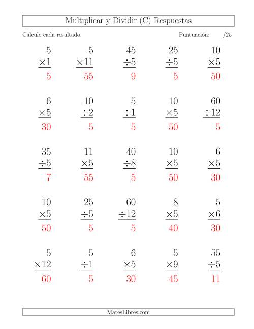 La hoja de ejercicios de Multiplicar y Dividir por 5, Formato Grande, 25 Ejercicios por Página (C) Página 2