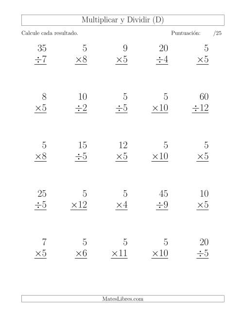 La hoja de ejercicios de Multiplicar y Dividir por 5, Formato Grande, 25 Ejercicios por Página (D)