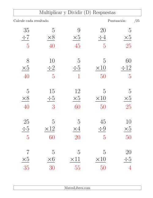 La hoja de ejercicios de Multiplicar y Dividir por 5, Formato Grande, 25 Ejercicios por Página (D) Página 2