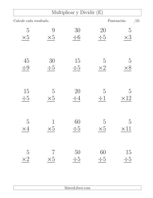 La hoja de ejercicios de Multiplicar y Dividir por 5, Formato Grande, 25 Ejercicios por Página (E)