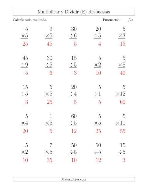 La hoja de ejercicios de Multiplicar y Dividir por 5, Formato Grande, 25 Ejercicios por Página (E) Página 2