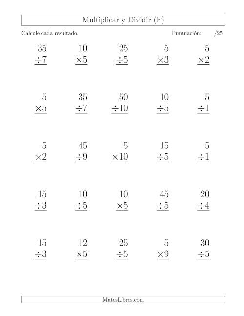 La hoja de ejercicios de Multiplicar y Dividir por 5, Formato Grande, 25 Ejercicios por Página (F)