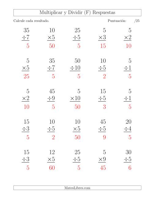 La hoja de ejercicios de Multiplicar y Dividir por 5, Formato Grande, 25 Ejercicios por Página (F) Página 2