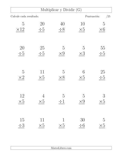 La hoja de ejercicios de Multiplicar y Dividir por 5, Formato Grande, 25 Ejercicios por Página (G)