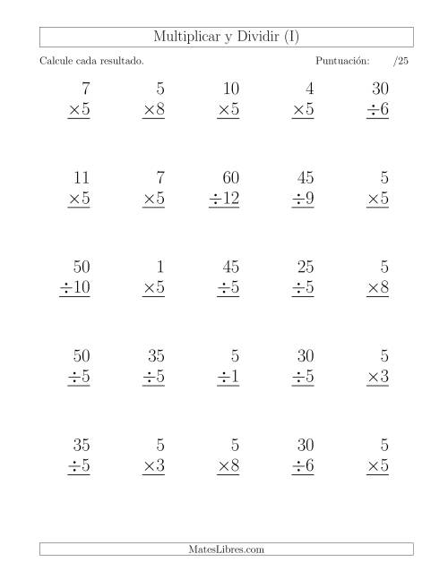 La hoja de ejercicios de Multiplicar y Dividir por 5, Formato Grande, 25 Ejercicios por Página (I)