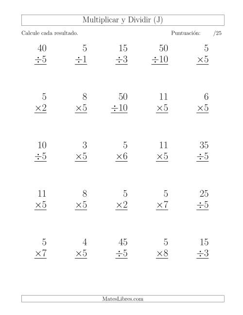 La hoja de ejercicios de Multiplicar y Dividir por 5, Formato Grande, 25 Ejercicios por Página (J)