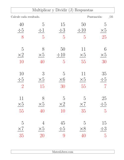 La hoja de ejercicios de Multiplicar y Dividir por 5, Formato Grande, 25 Ejercicios por Página (J) Página 2