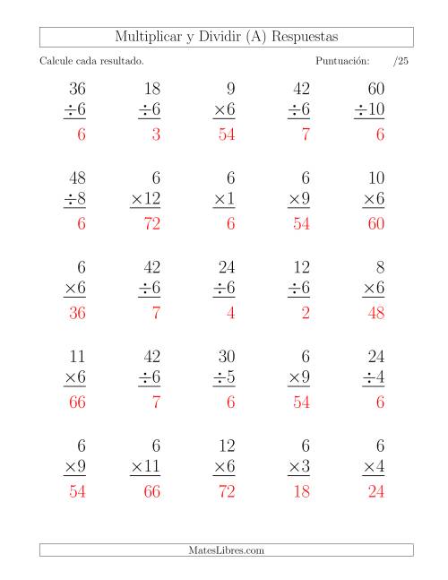 La hoja de ejercicios de Multiplicar y Dividir por 6, Formato Grande, 25 Ejercicios por Página (A) Página 2