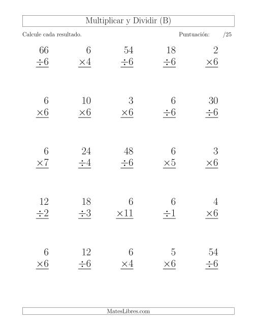 La hoja de ejercicios de Multiplicar y Dividir por 6, Formato Grande, 25 Ejercicios por Página (B)