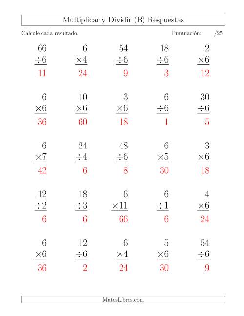 La hoja de ejercicios de Multiplicar y Dividir por 6, Formato Grande, 25 Ejercicios por Página (B) Página 2