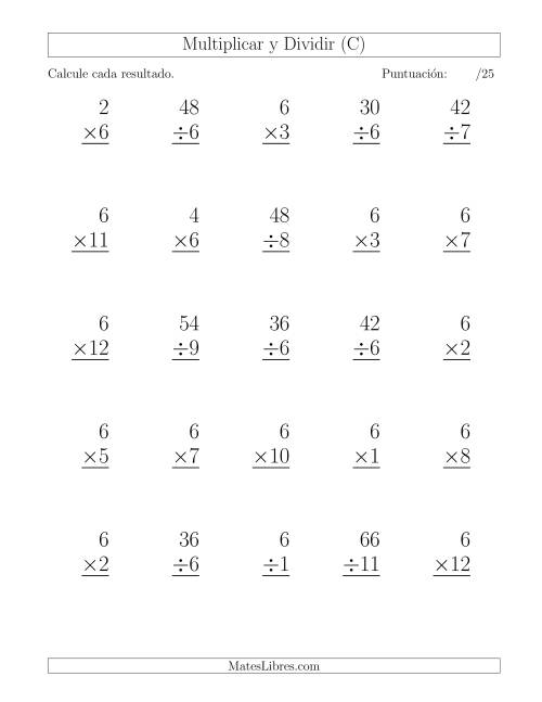 La hoja de ejercicios de Multiplicar y Dividir por 6, Formato Grande, 25 Ejercicios por Página (C)