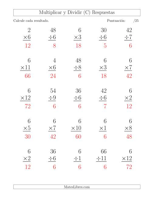 La hoja de ejercicios de Multiplicar y Dividir por 6, Formato Grande, 25 Ejercicios por Página (C) Página 2
