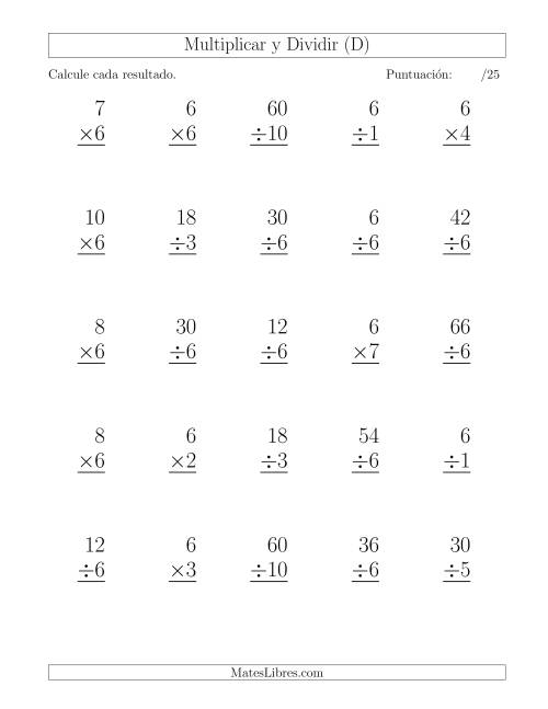 La hoja de ejercicios de Multiplicar y Dividir por 6, Formato Grande, 25 Ejercicios por Página (D)