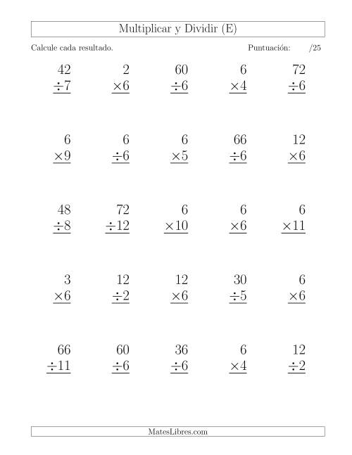 La hoja de ejercicios de Multiplicar y Dividir por 6, Formato Grande, 25 Ejercicios por Página (E)