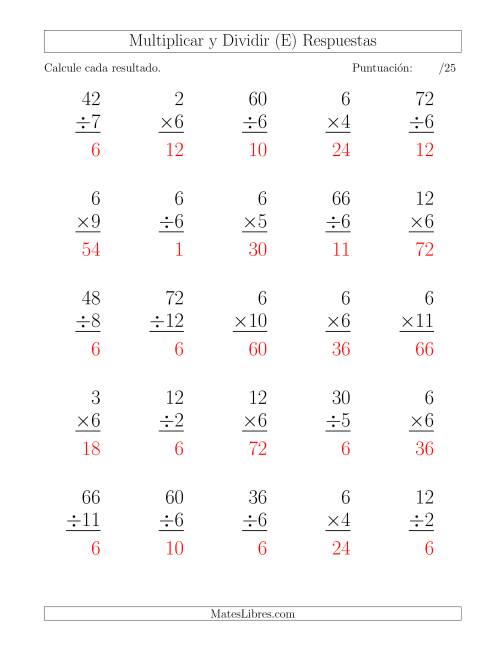 La hoja de ejercicios de Multiplicar y Dividir por 6, Formato Grande, 25 Ejercicios por Página (E) Página 2