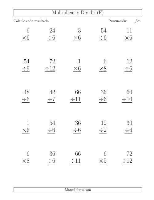 La hoja de ejercicios de Multiplicar y Dividir por 6, Formato Grande, 25 Ejercicios por Página (F)
