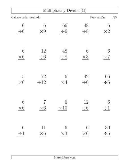 La hoja de ejercicios de Multiplicar y Dividir por 6, Formato Grande, 25 Ejercicios por Página (G)