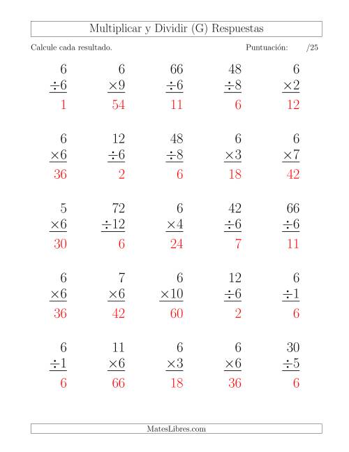 La hoja de ejercicios de Multiplicar y Dividir por 6, Formato Grande, 25 Ejercicios por Página (G) Página 2