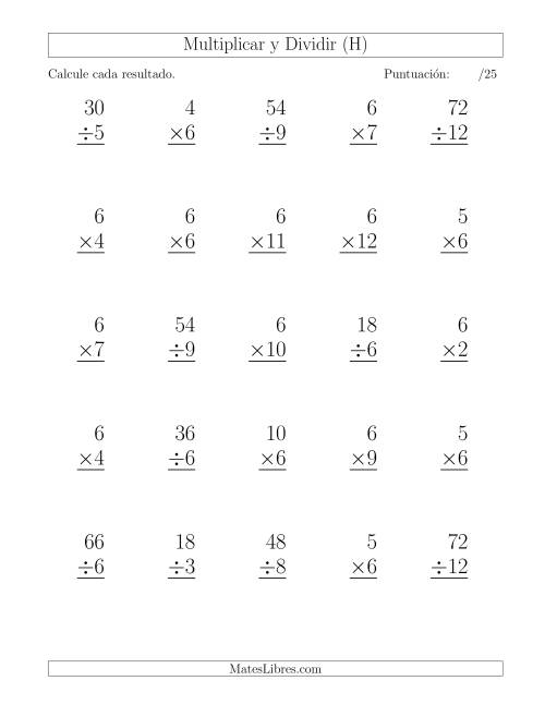 La hoja de ejercicios de Multiplicar y Dividir por 6, Formato Grande, 25 Ejercicios por Página (H)