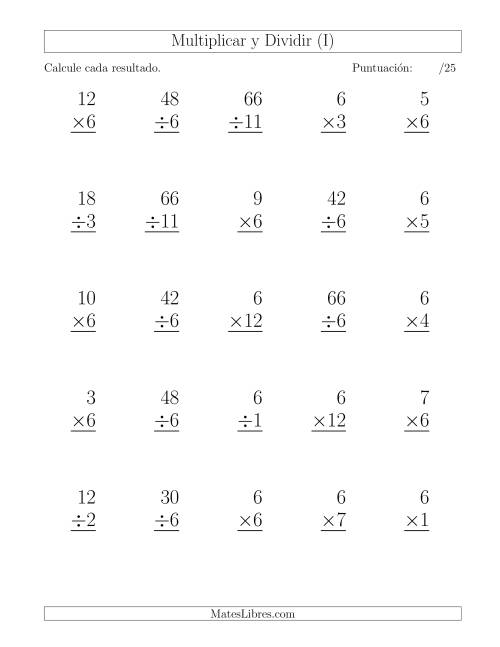 La hoja de ejercicios de Multiplicar y Dividir por 6, Formato Grande, 25 Ejercicios por Página (I)