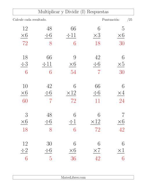 La hoja de ejercicios de Multiplicar y Dividir por 6, Formato Grande, 25 Ejercicios por Página (I) Página 2