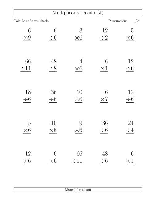 La hoja de ejercicios de Multiplicar y Dividir por 6, Formato Grande, 25 Ejercicios por Página (J)