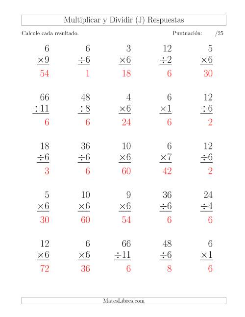 La hoja de ejercicios de Multiplicar y Dividir por 6, Formato Grande, 25 Ejercicios por Página (J) Página 2