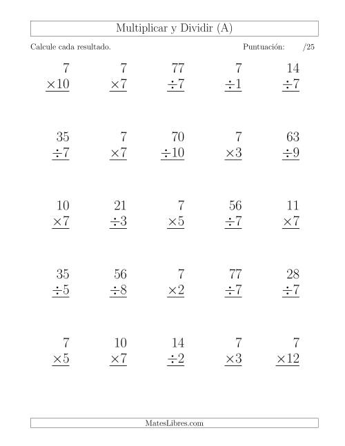 La hoja de ejercicios de Multiplicar y Dividir por 7, Formato Grande, 25 Ejercicios por Página (A)