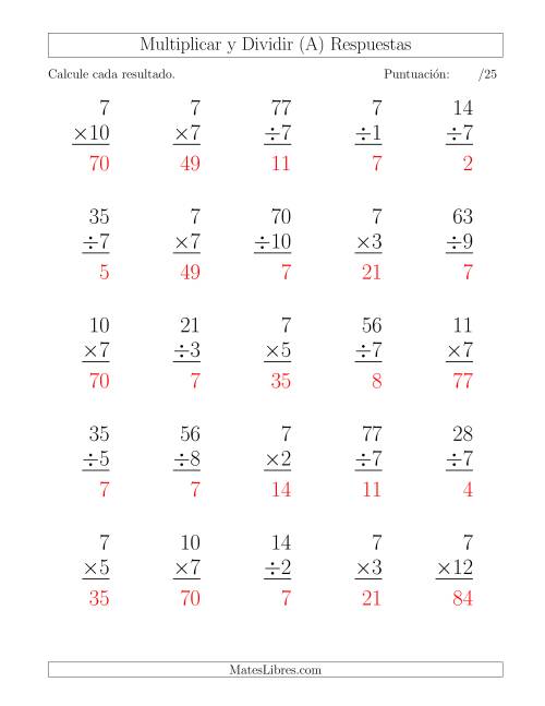 La hoja de ejercicios de Multiplicar y Dividir por 7, Formato Grande, 25 Ejercicios por Página (A) Página 2