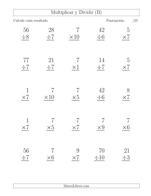 La hoja de ejercicios de Multiplicar y Dividir por 7, Formato Grande, 25 Ejercicios por Página (B)