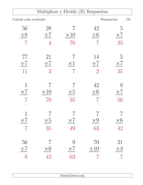La hoja de ejercicios de Multiplicar y Dividir por 7, Formato Grande, 25 Ejercicios por Página (B) Página 2