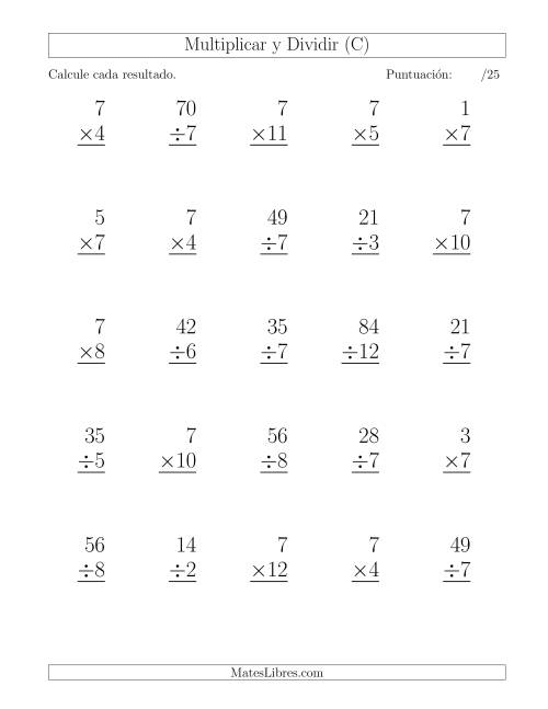 La hoja de ejercicios de Multiplicar y Dividir por 7, Formato Grande, 25 Ejercicios por Página (C)