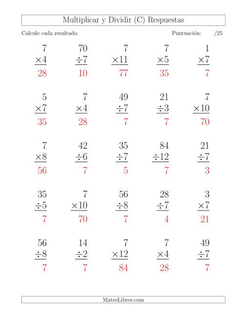 La hoja de ejercicios de Multiplicar y Dividir por 7, Formato Grande, 25 Ejercicios por Página (C) Página 2