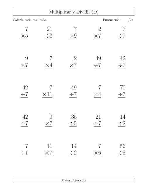 La hoja de ejercicios de Multiplicar y Dividir por 7, Formato Grande, 25 Ejercicios por Página (D)
