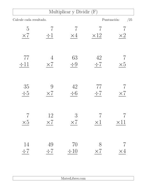 La hoja de ejercicios de Multiplicar y Dividir por 7, Formato Grande, 25 Ejercicios por Página (F)