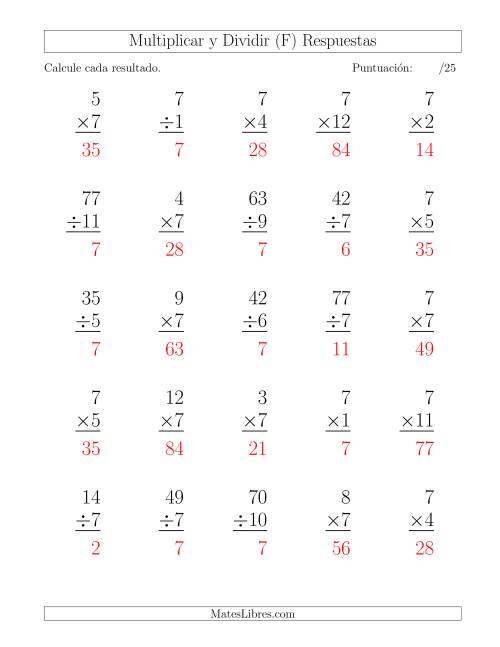 La hoja de ejercicios de Multiplicar y Dividir por 7, Formato Grande, 25 Ejercicios por Página (F) Página 2