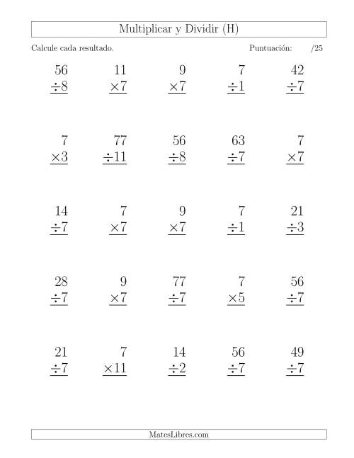 La hoja de ejercicios de Multiplicar y Dividir por 7, Formato Grande, 25 Ejercicios por Página (H)