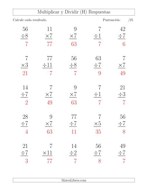 La hoja de ejercicios de Multiplicar y Dividir por 7, Formato Grande, 25 Ejercicios por Página (H) Página 2