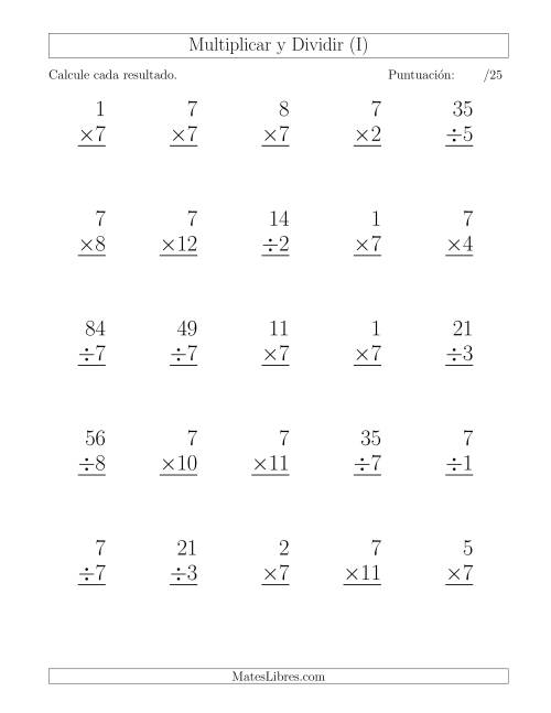 La hoja de ejercicios de Multiplicar y Dividir por 7, Formato Grande, 25 Ejercicios por Página (I)