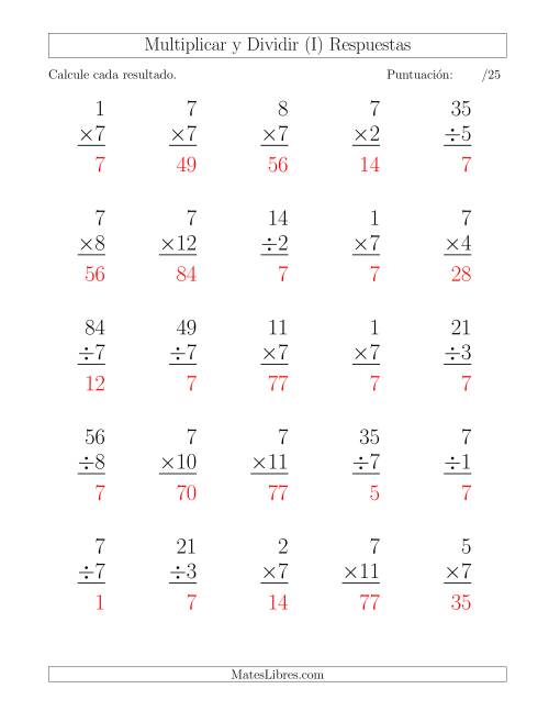 La hoja de ejercicios de Multiplicar y Dividir por 7, Formato Grande, 25 Ejercicios por Página (I) Página 2