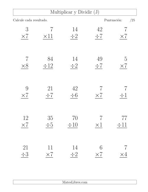 La hoja de ejercicios de Multiplicar y Dividir por 7, Formato Grande, 25 Ejercicios por Página (J)