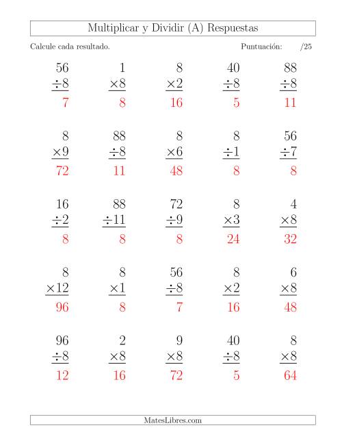 La hoja de ejercicios de Multiplicar y Dividir por 8, Formato Grande, 25 Ejercicios por Página (A) Página 2