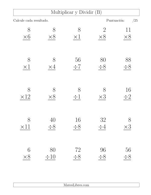 La hoja de ejercicios de Multiplicar y Dividir por 8, Formato Grande, 25 Ejercicios por Página (B)